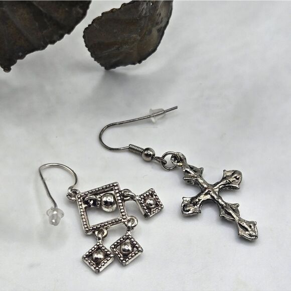 "5/$25" Pair of Silvertone Mismatched Cross Dangle Earrings - Picture 4 of 6